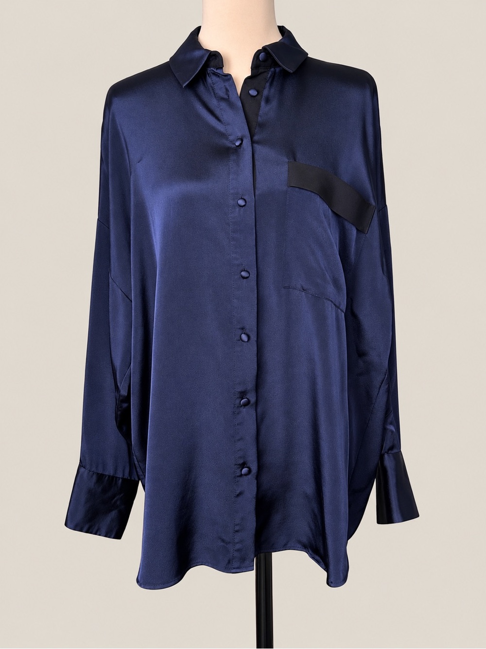 Zara Navy Satin Oversized Button Down Shirt Blouse Size M